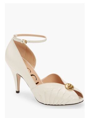 Gucci Ivory Peep-Toe Ankle-Strap Heels with Gold Medallion